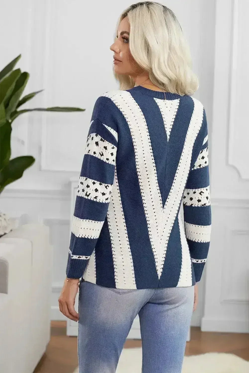 Blue Animal Print Sweater - Leopard Accent V-Neck Knit Top | Femstylo