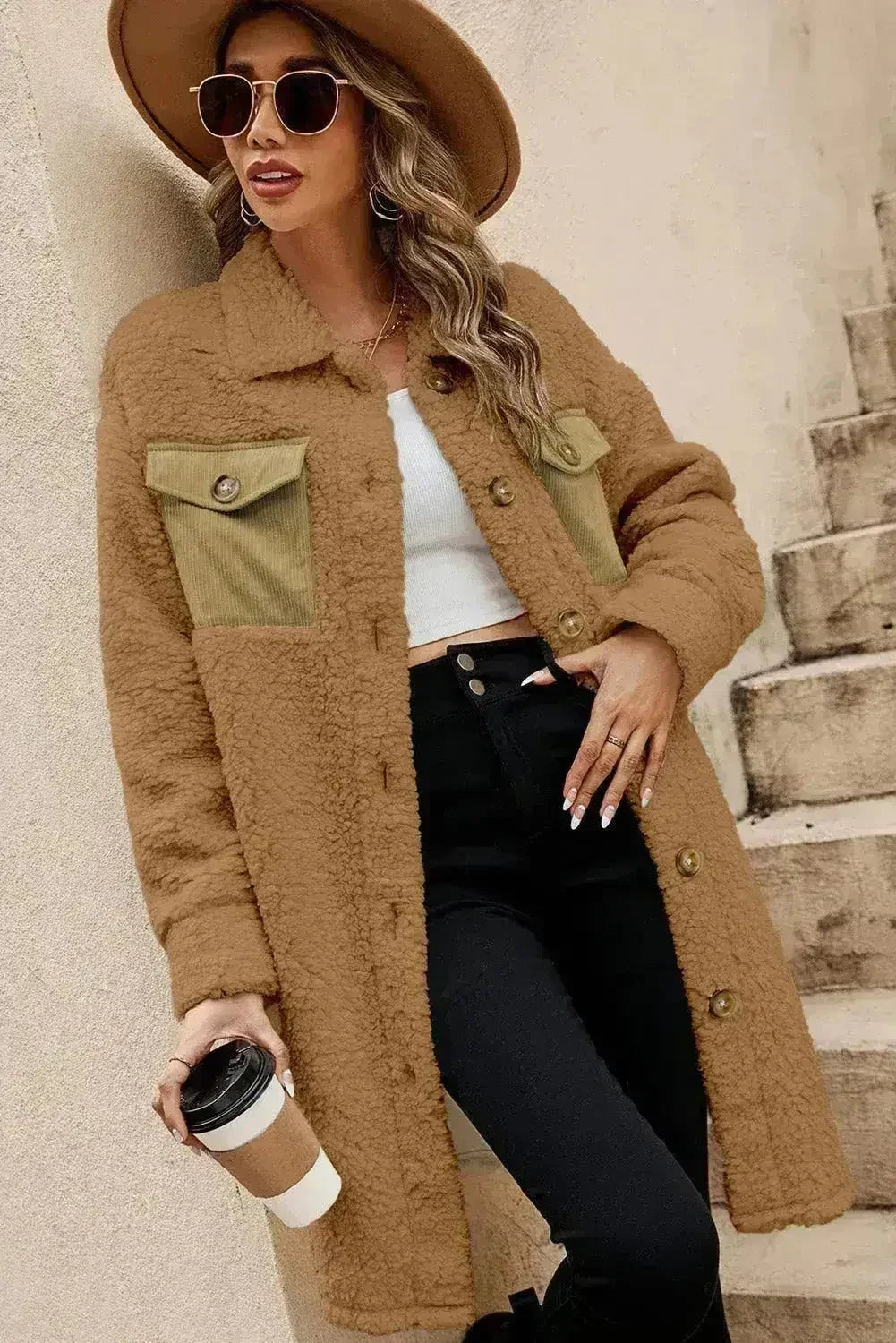 Blue Teddy Coat – Contrast Flap Pockets & Single Breasted