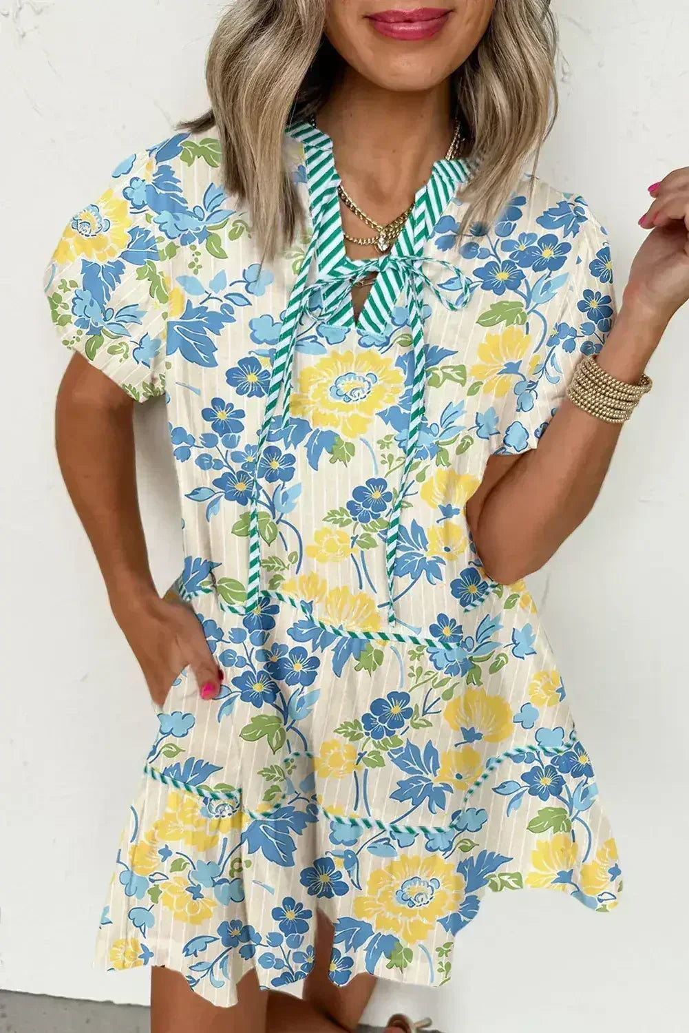 Blue Floral Print Striped Trim Puff Sleeve Mini Dress