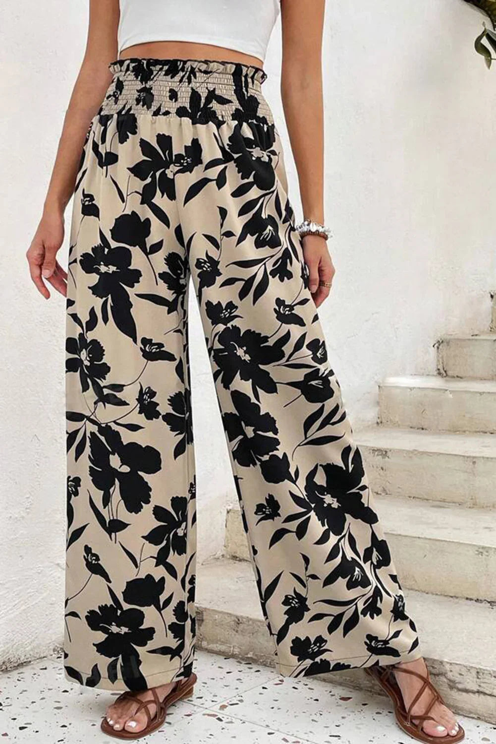 Blue Floral Smocked Frill Waist Wide Leg Pants