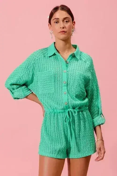 SO ME Textured Knit Button Front Romper