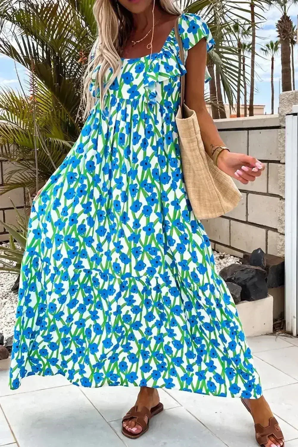 Pink Floral Print Square Neck Ruffled Strap Maxi Dress