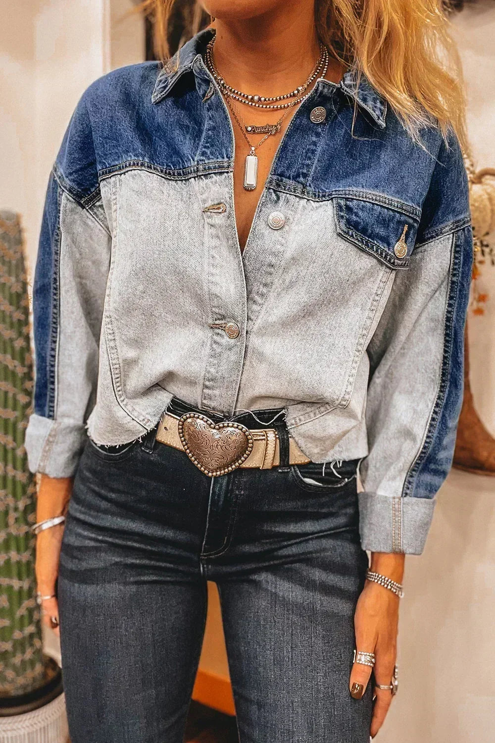 Dusk Blue Patchwork Flap Detail Distress Denim Jacket