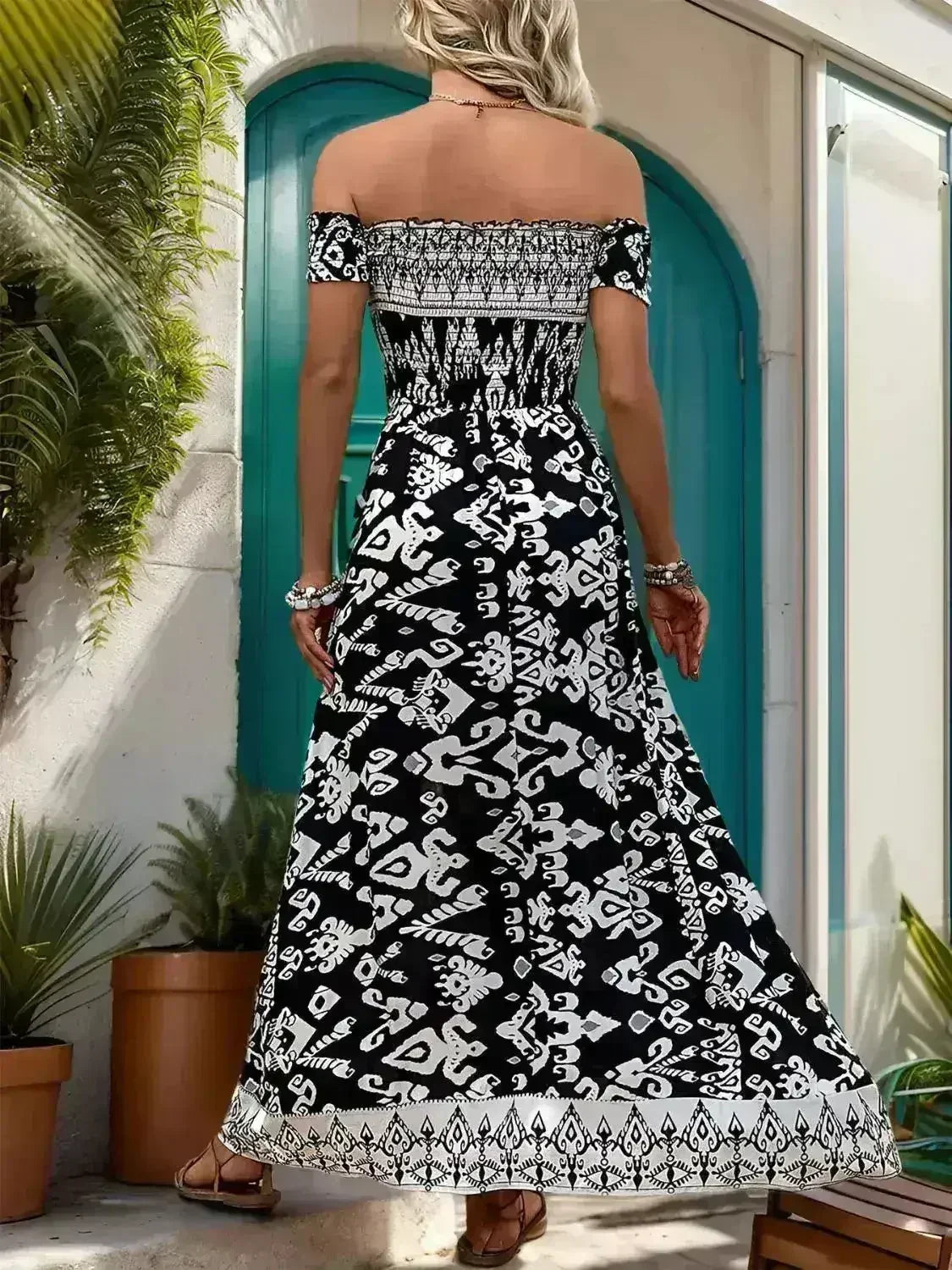 Off-Shoulder Slit Dress - Flowy Viscose Dress | Femstylo