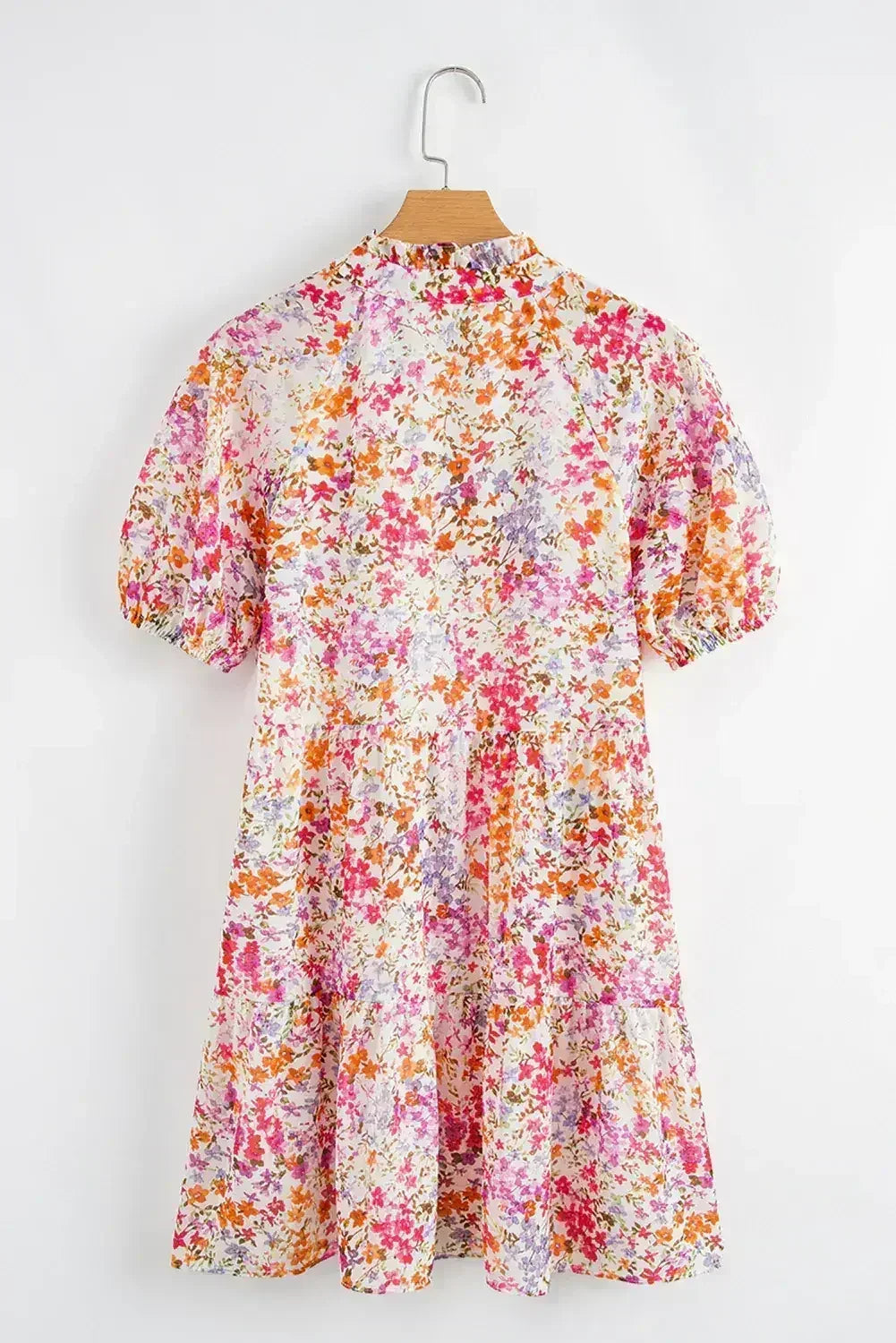 Red Floral Print Notched V Neck Puff Sleeve Tiered Mini Dress