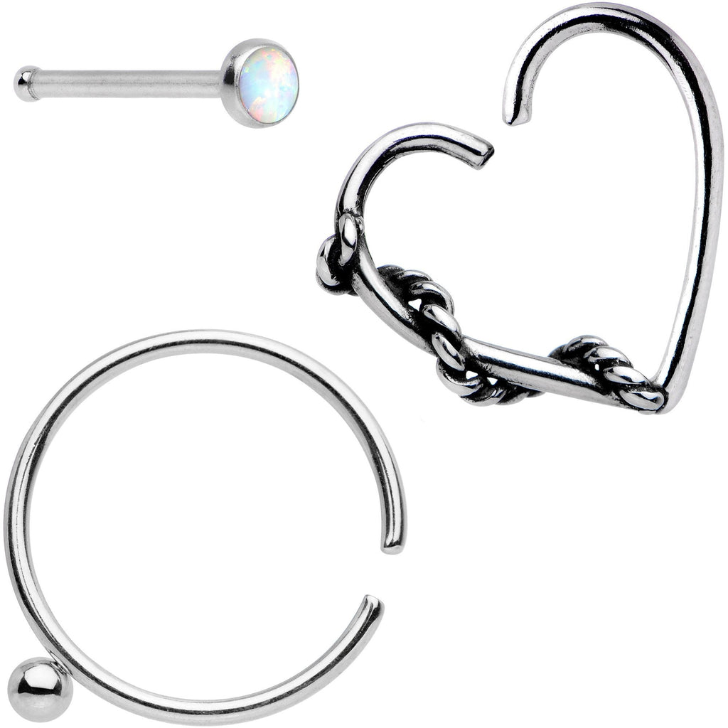 20G White Faux Opal Nose Bone Heart Closure Ring Pack Set of 3