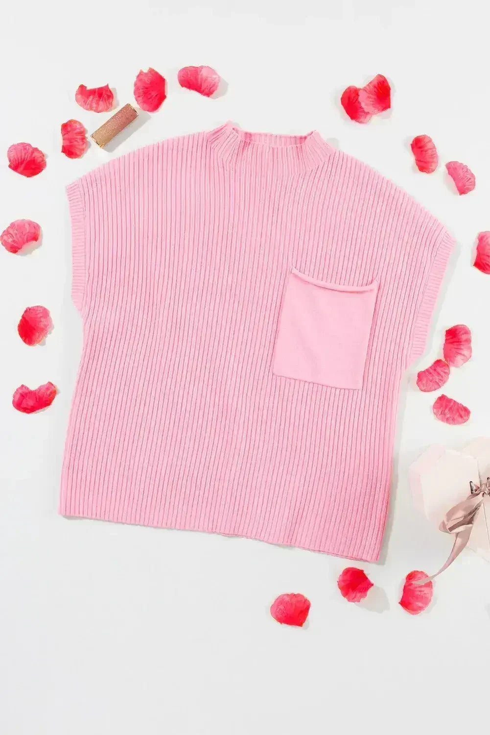 Mineral Red Patch Pocket Ribbed Knit Short Sleeve Sweater