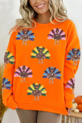 Orange Colorful Sequin Turkey Thanksgiving Graphic Sweatshirt