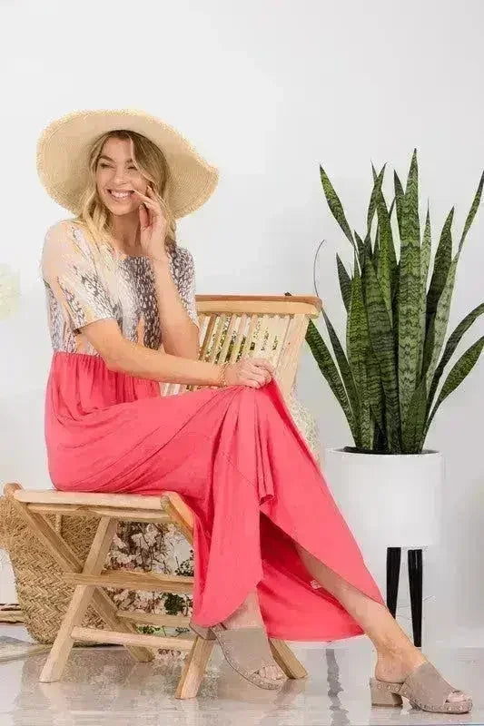 Celeste Full Size Leopard Round Neck Short Sleeve Maxi Dress Plus Size