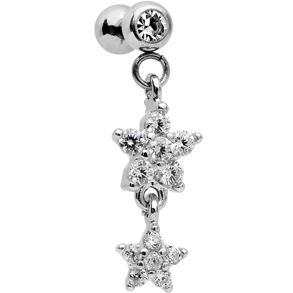 16G 1/4 Clear Gem Double Star Dangle Cartilage Tragus Earring