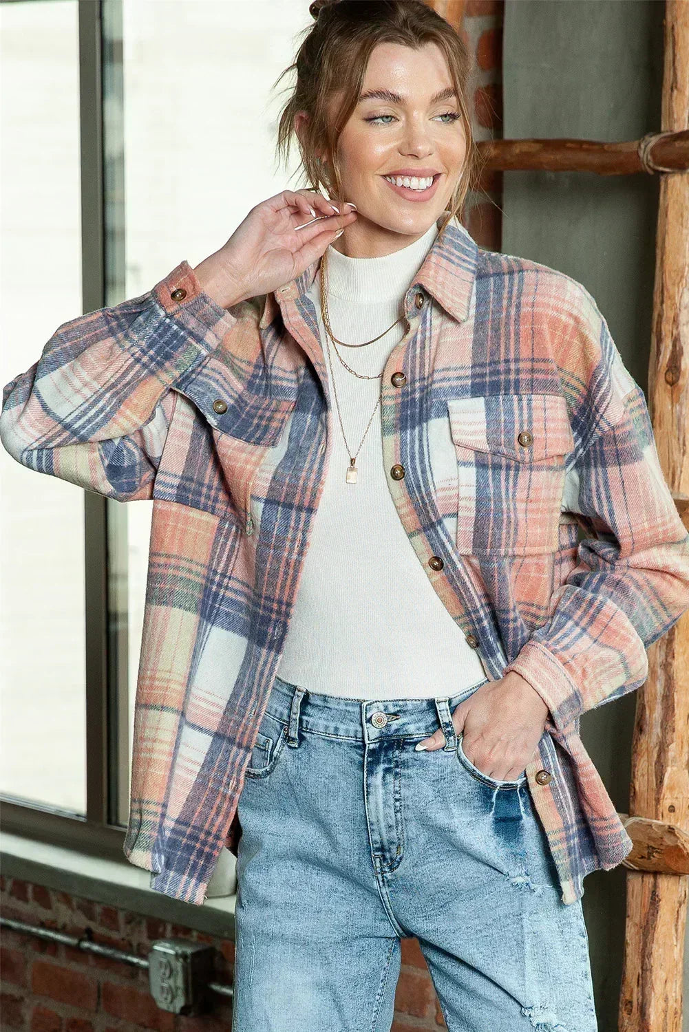 Pink & Grey Button Up Plaid Flannel Shacket – Femstylo