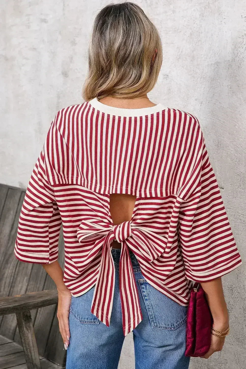 Black Stripe Bowknot Backless T-Shirt