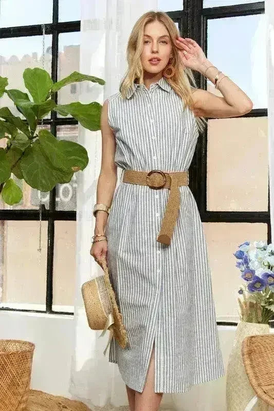 ADORA Striped Button Down Dress – Cotton Midi Sleeveless