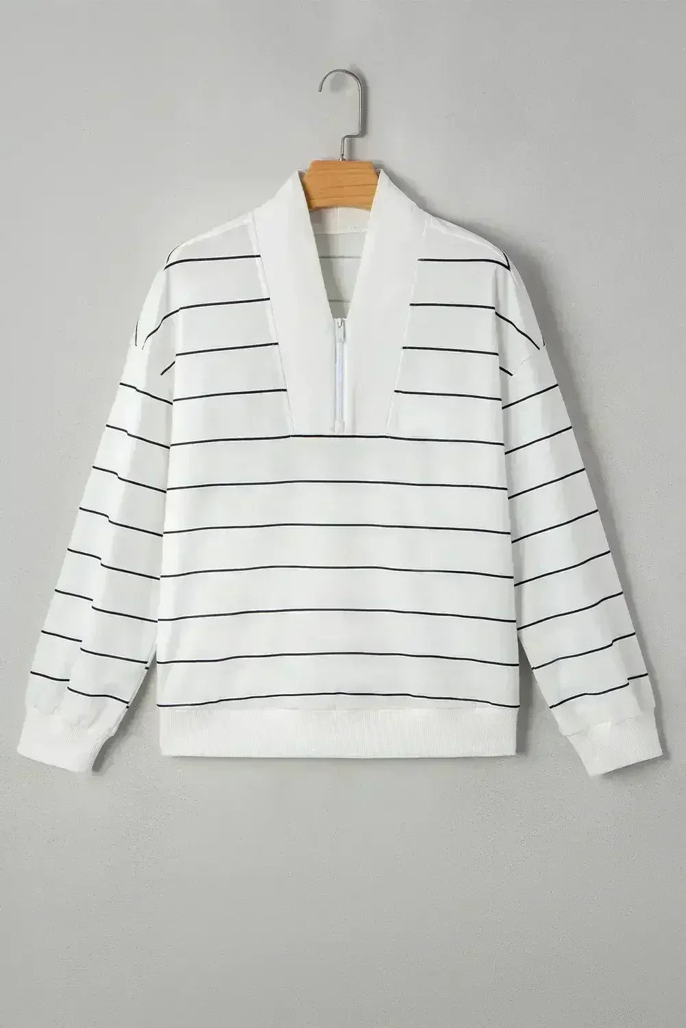 White Striped Zipper V-Neck Drop Sleeve Top