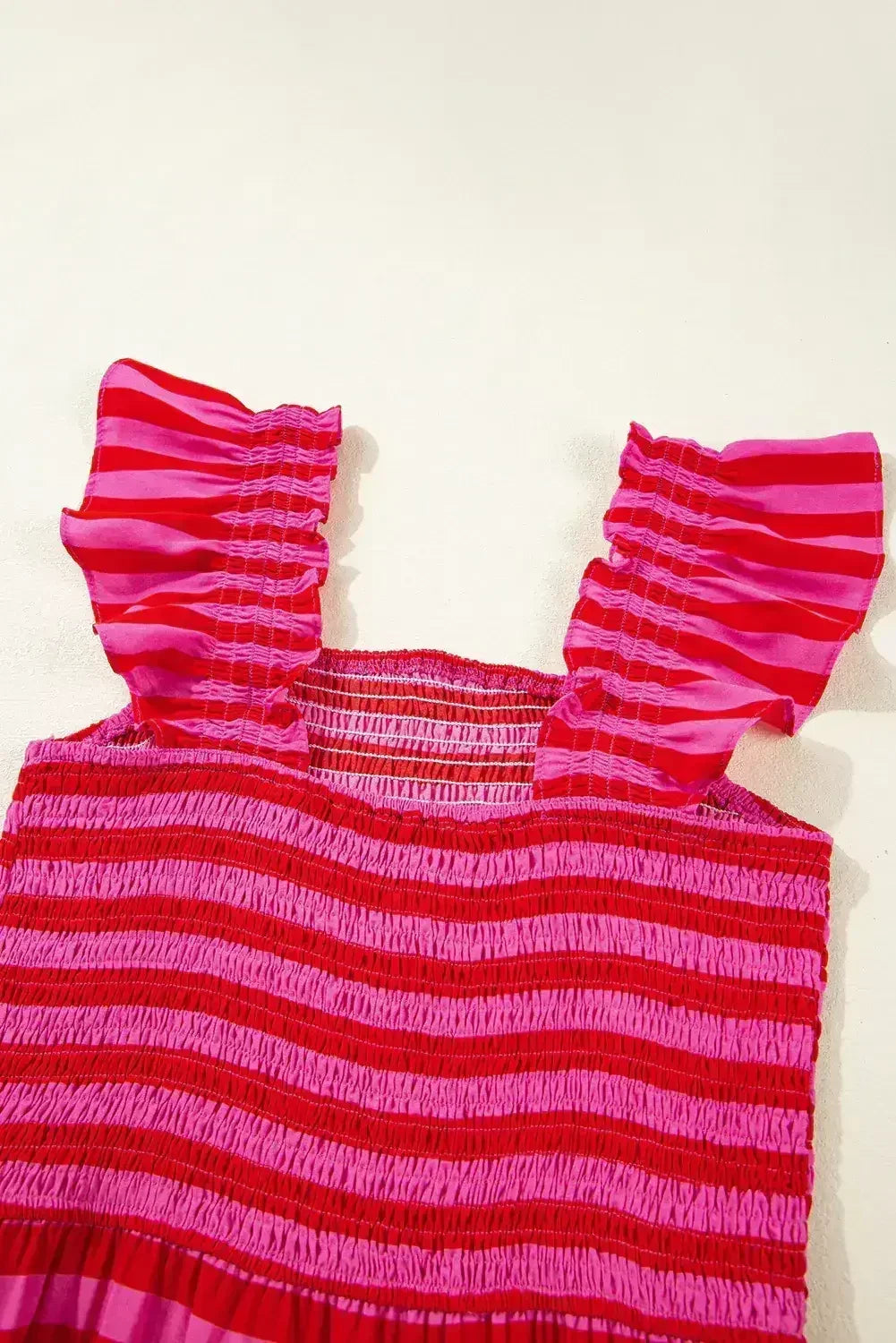 Rose Stripe Ruffle Strap Shirred Bodice Tiered Maxi Dress