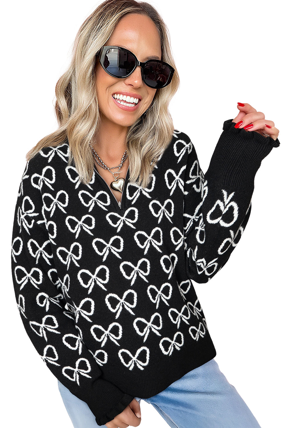 Black Cute Bow Pattern Drop Shoulder Zipped Collar Sweater - Femstylo