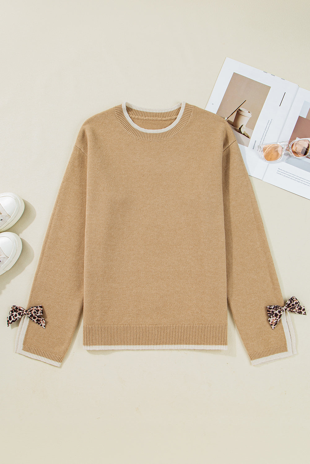 Tan Leopard Print Bow Decor Split Cuff Sweater - Femstylo