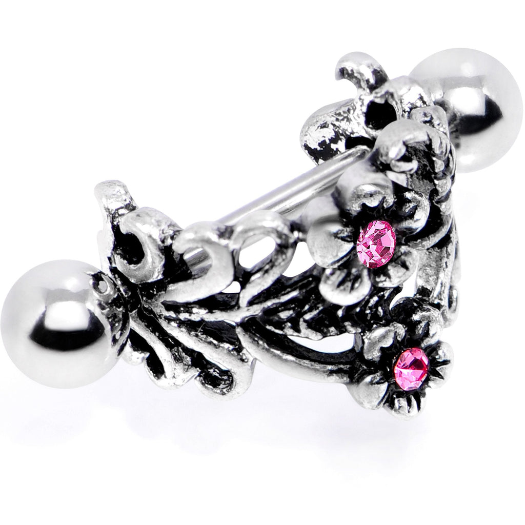16G 1/2 Pink Gem Double Daisy Flower Cuff Cartilage Earring
